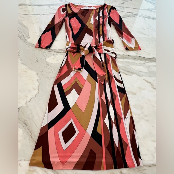 EMILIO PUCCI CORAL MULTI ICONIC PRINT MARILYN STYLE DRESS SIZE IT 40 / US 6 - Picture 3 of 17